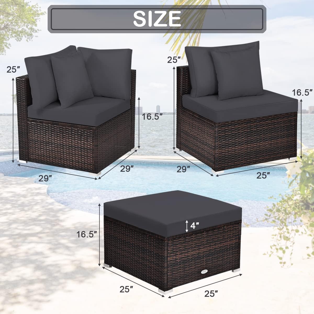 Tangkula 4 Pieces Patio Rattan Sofa Set, Outdoor Wicker Sectional Furniture Set, Patio Conversation Set with Removable Cushions & Pillows for Backyard Porch Garden Poolside Balcony (Gray)