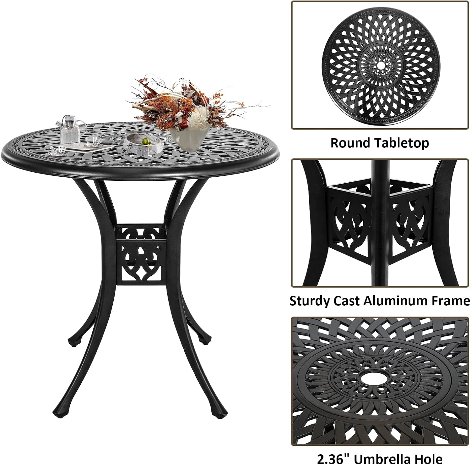 30.31' Outdoor Table and Chairs, Patio Table Set with 2.36' Umbrella Hole, Anti-Resistant Outdoor Dinning Set, Cast Aluminum Patio Furniture Set for Garden, Porch, Deck