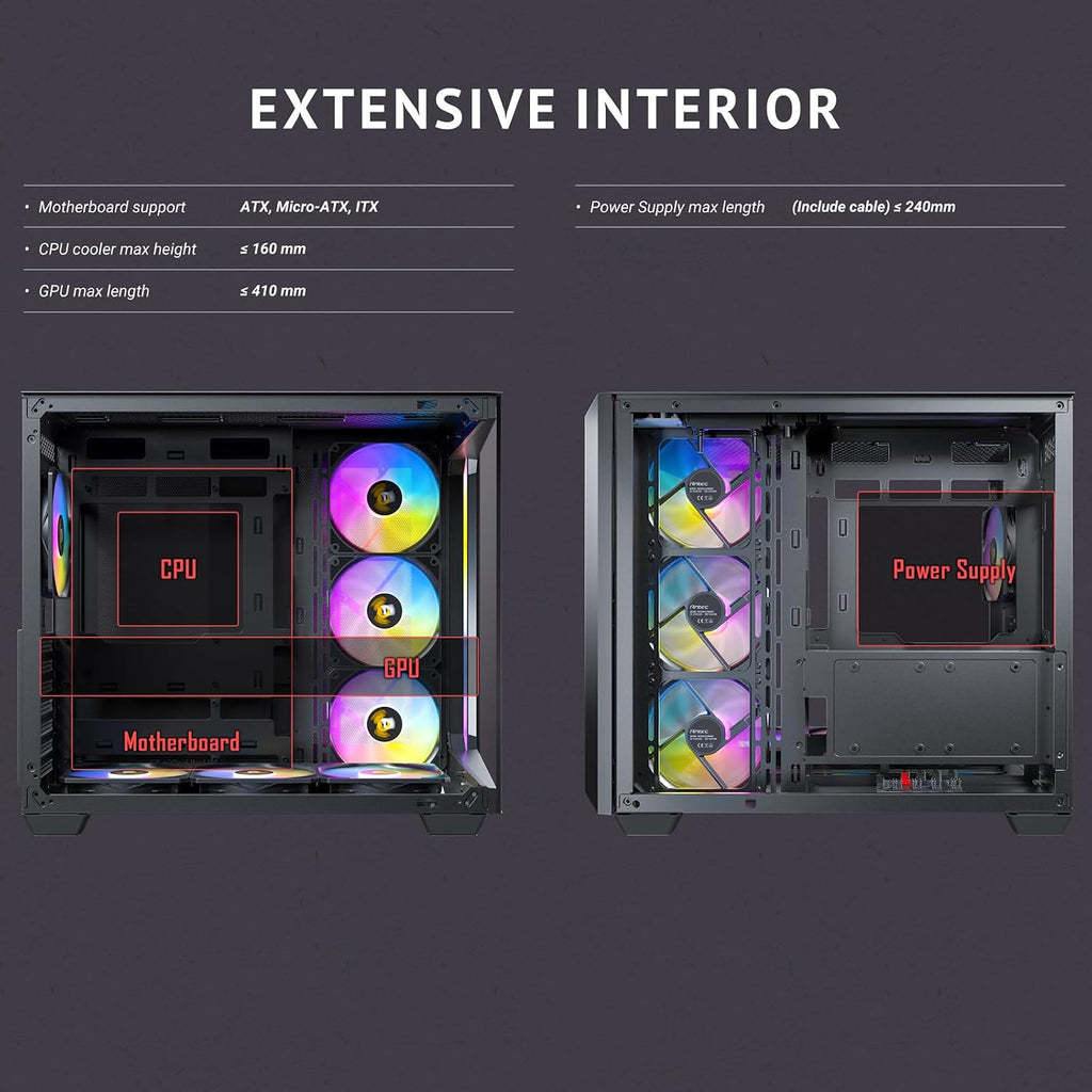 Antec C5 ARGB, Mid-Tower ATX PC Case, Seamless Tempered Glass Front & Side Panels, 7×120mm ARGB PWM Fans Included, Supports Up to 10 Fans, 360mm Radiator Support, Type-C 3.2 Gen 2