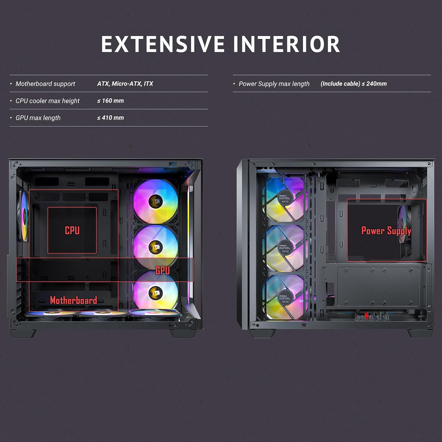 Antec C5 ARGB, Mid-Tower ATX PC Case, Seamless Tempered Glass Front & Side Panels, 7×120mm ARGB PWM Fans Included, Supports Up to 10 Fans, 360mm Radiator Support, Type-C 3.2 Gen 2