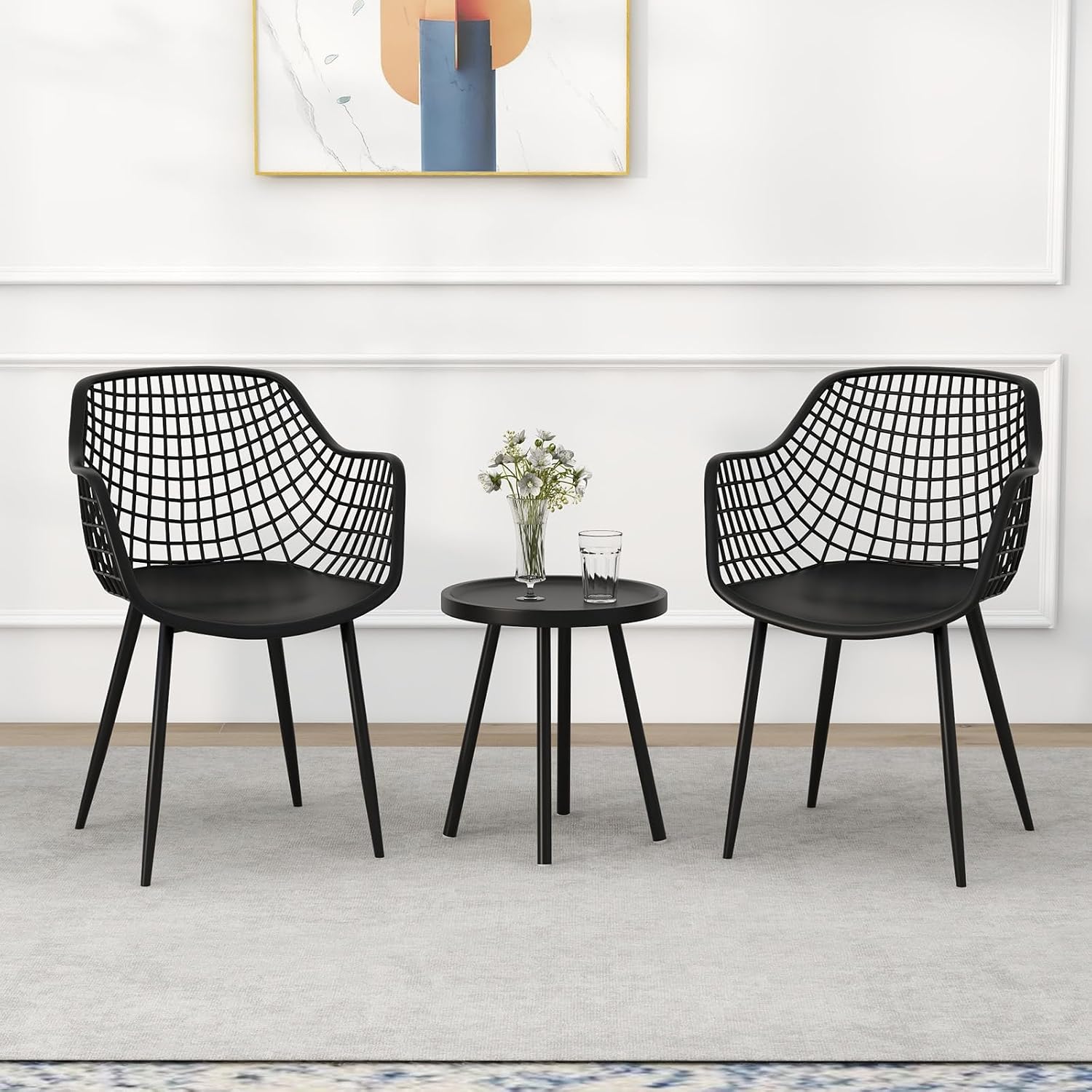 Giantex 3 Piece Patio Furniture Set, Outdoor Bistro Table and Chairs Set of 2, PP Seat & Metal Legs, Small Conversation Set for Balcony Front Porch Deck Backyard Lawn (Black)