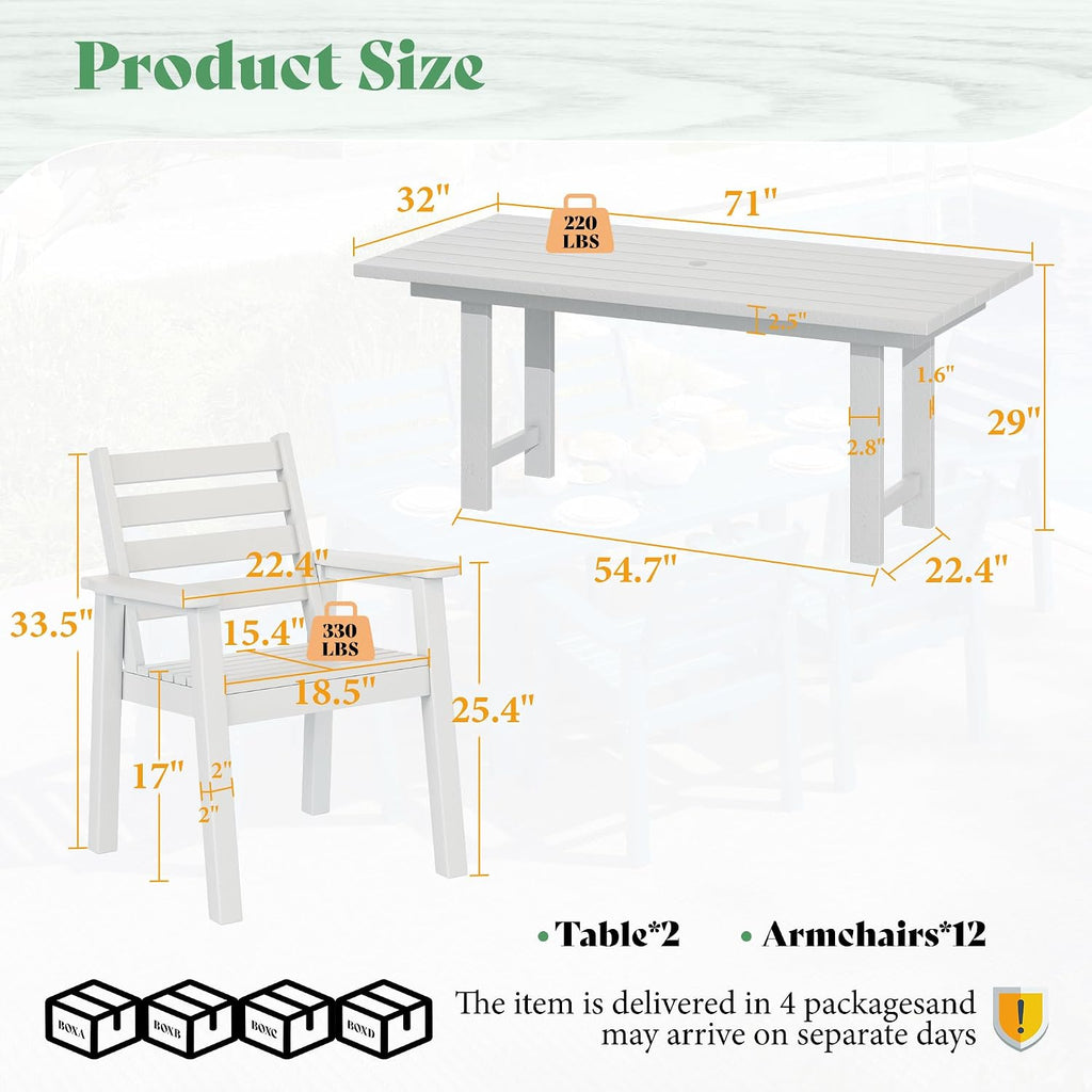 AMERLIFE Patio Dining Sets for 12 Person, HDPE Dining Set with 2 Tables, 12 Dining Chairs and Umbrella Hole for Backyard, Poolside, Porch, Seaside, White
