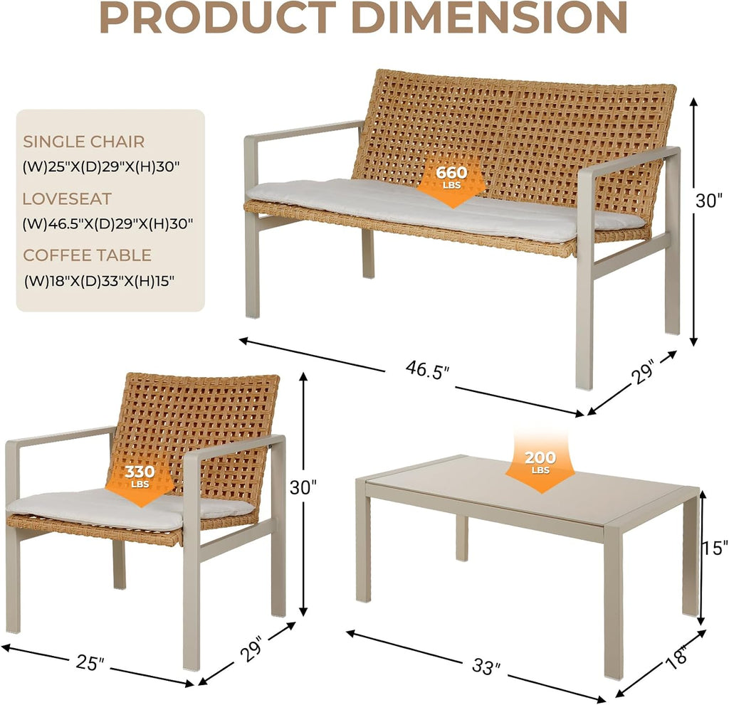 Grand patio Outdoor Furniture Set, 4-piece Wicker Patio Furniture Set with Beige Cushions, Modern Metal Conversation Loveseat Chairs with Glass Top Coffee Table for Porch Deck Backyard Balcony