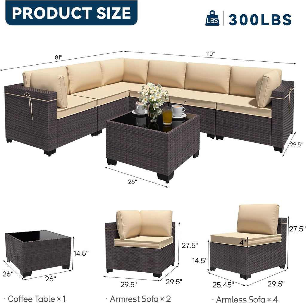 Patio Furniture Set 7 Pieces Outdoor Sectional Sofa Set,All Weather Wicker Patio Sofa PE Rattan Patio Conversation Set w/Cushions and Glass Coffee Table,Sand