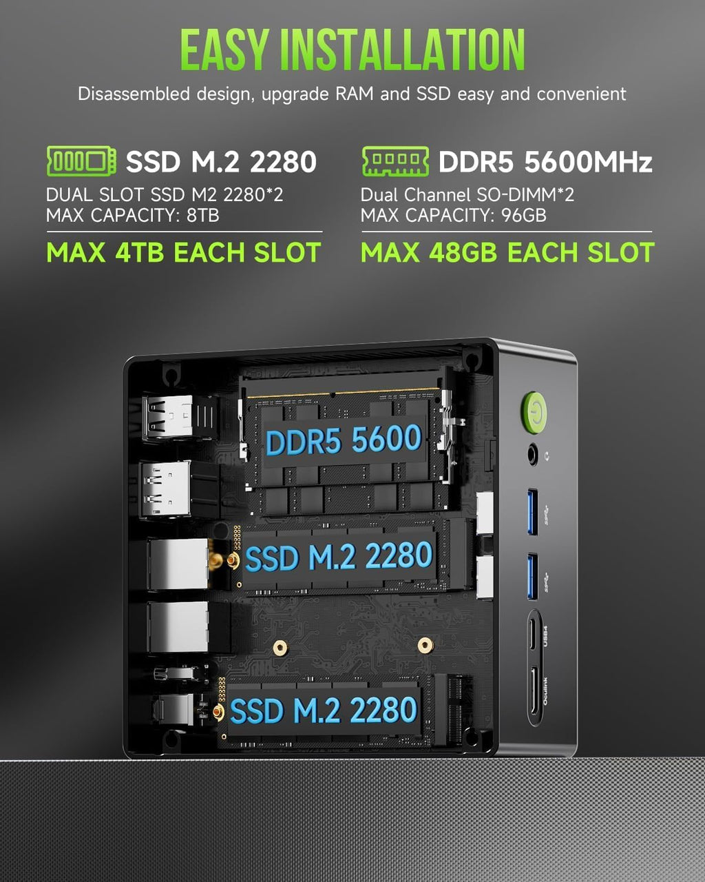 GMKtec Gaming Mini PC AMD Ryzen 9 8945HS (Turbo 5.1GHz) 32GB DDR5 2TB SSD, Computers PC Oculink, Dual NIC LAN 2.5G, WiFi 6, USB3.2, USB-C 4.0, BT5.2, DP, HDMI, Dual Fan Nucbox K11