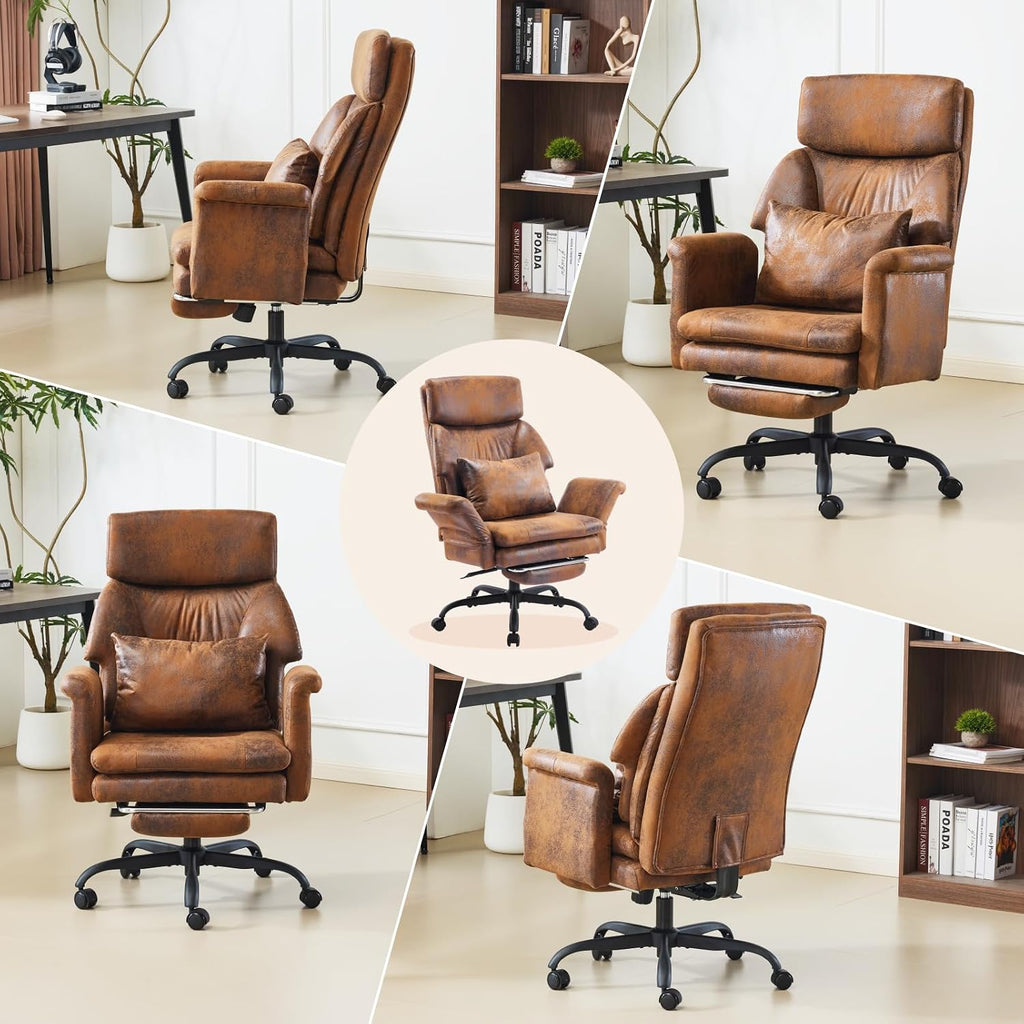 VINGLI 100-130° Reclining Tall Office Chair with Foot Rest & Adjustable Armrests, Ergonomic Criss Cross Chair with Wheels & Headrest, Comfy Wide-Seat Gamer Chair for the Heavy, Microfiber, Vintage
