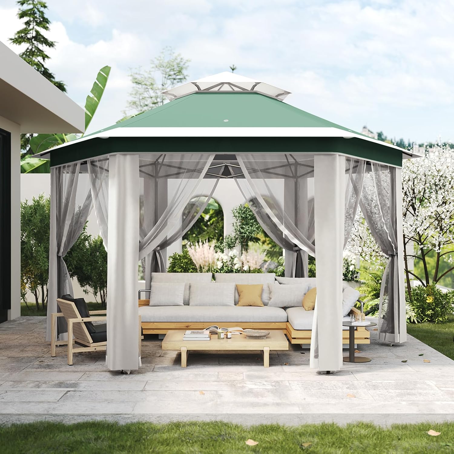 13'X13' Pop Up Gazebo,Patio Portable Gazebos with Mosquito Netting,Double-Layer Outdoor Canopy Tent,Hexagonal Pavilion for Garden Backyard Lawn & Deck,Heavy Duty Party
