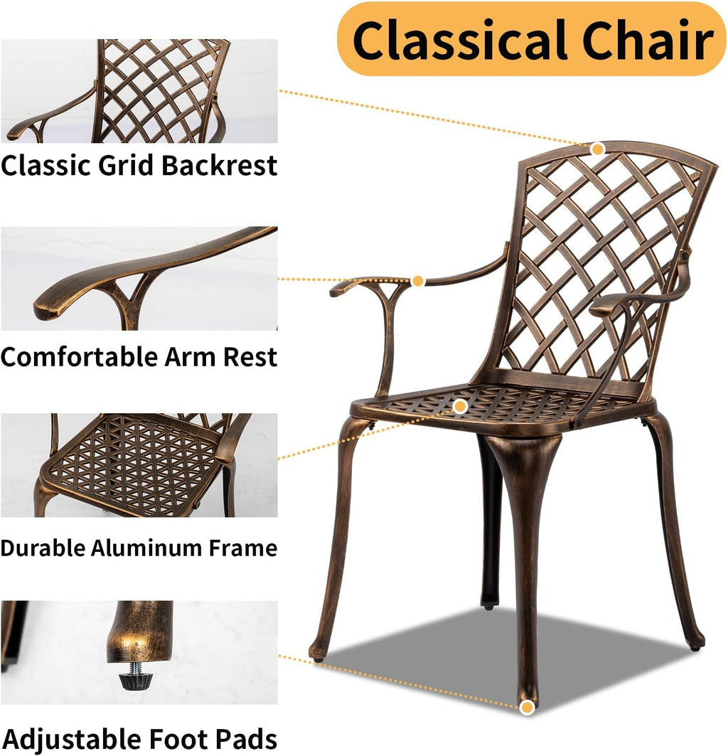 VINGLI 5 Pieces Outdoor Patio Dining Set, Cast Aluminium Patio Furniture Set with 4 Chairs and 1 Umbrella Table for Yard, Garden, Porch and Poolside, Bronze (Round Table)