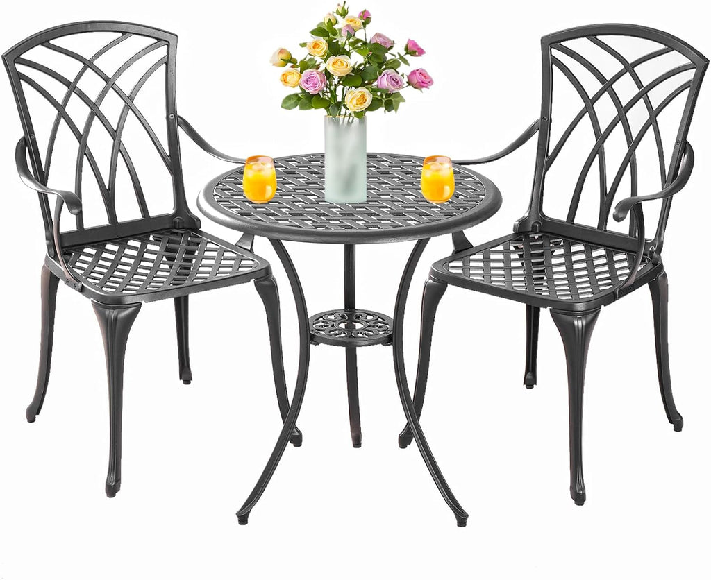Bistro Set 3 Piece Outdoor,Cast Aluminum Outdoor Bistro Set,All Weather Bistro Table and Chairs Set of 2 with 1.97' Umbrella Hole,Patio Bistro Sets for Garden(Woven Black)