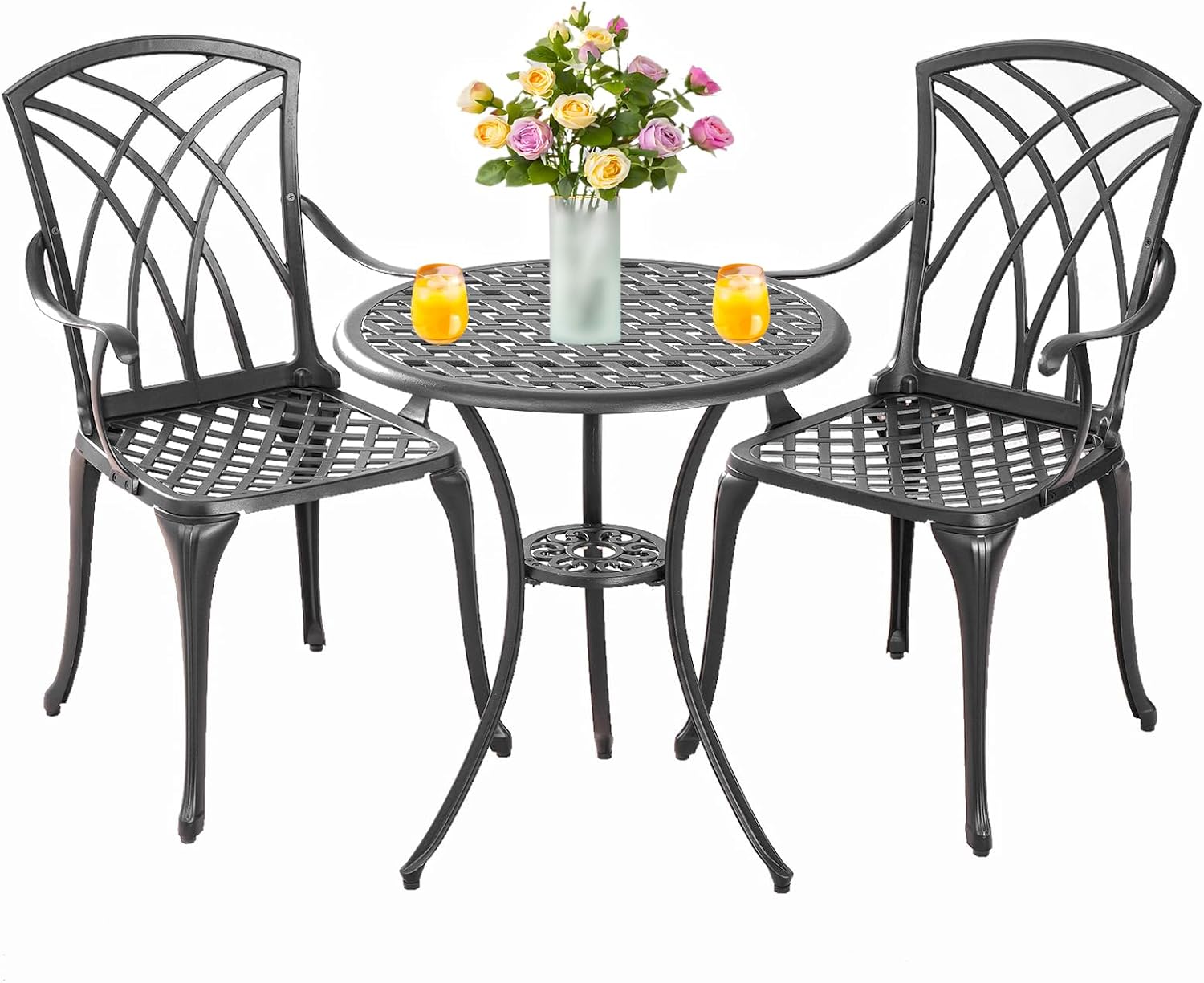 Bistro Set 3 Piece Outdoor,Cast Aluminum Outdoor Bistro Set,All Weather Bistro Table and Chairs Set of 2 with 1.97' Umbrella Hole,Patio Bistro Sets for Garden(Woven Black)
