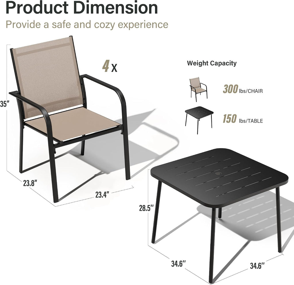 LAUSAINT HOME 5 Pieces Outdoor Dining Set, Patio Furniture Set of 4 Textilene Chairs with Square Metal Slatted Table with Umbrella Hole, Outdoor Table and Chairs Set for Backyard, Garden, and Poolside
