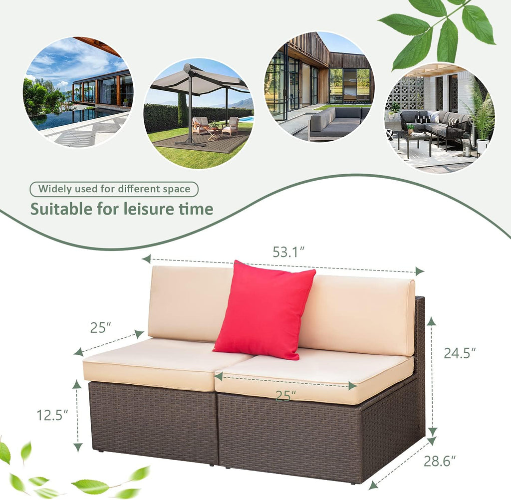 Devoko 2 Pieces Patio Furniture Sets,Wicker Outdoor Sofa with Thick Cushion and Pillow,Small Sectional Couch All-Weather Armless Sofa for Backyard,Porch & Poolside,Waterproof Patio Furniture