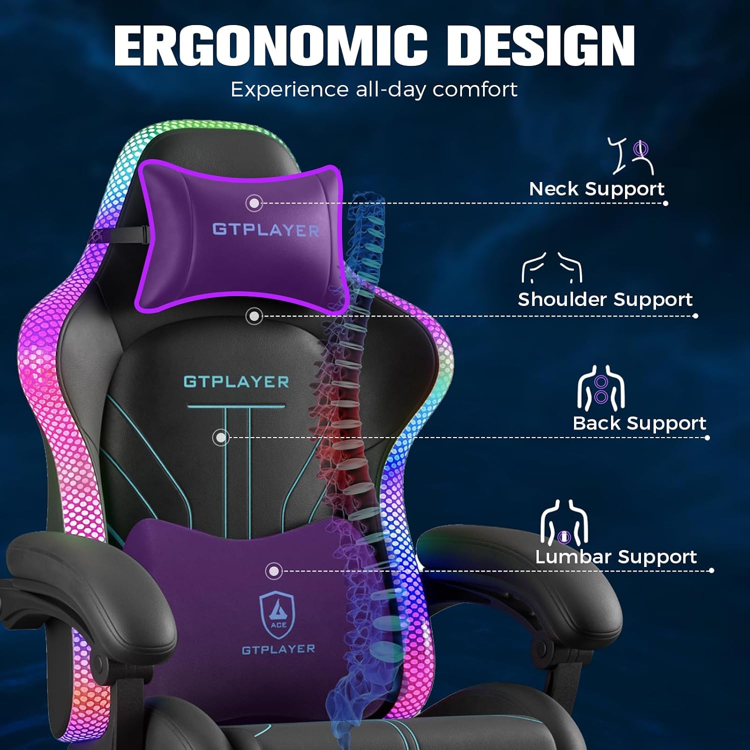 GTPLAYER Gaming Chair, Computer Chair with RGB LED Lights, High Back Ergonomic Chair for Adults with Footrest, Reclining Office Chairs, Linkage Armrest, Blue