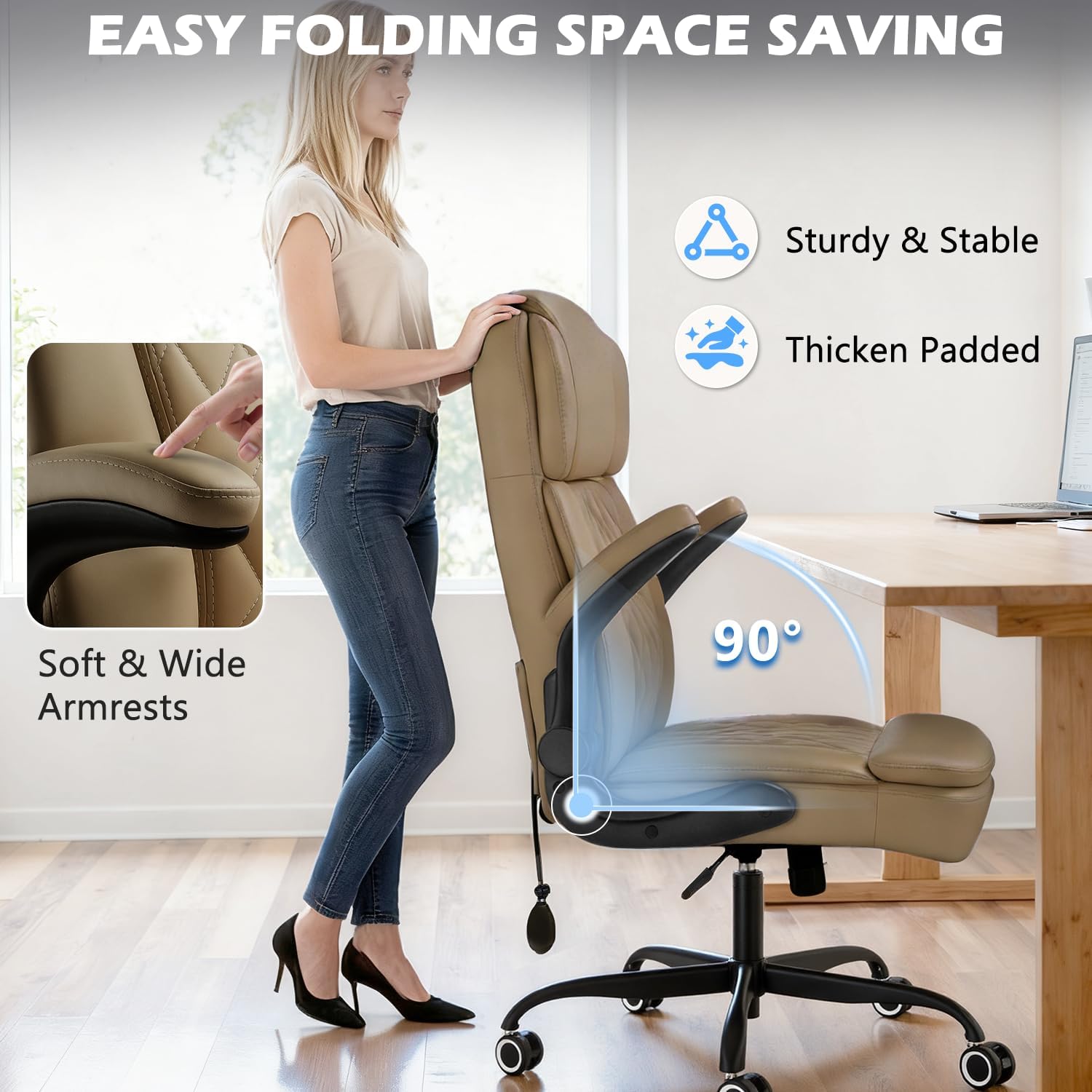 450 LBS Big and Tall Executive Office Chair with Flip up Arm, Heavy Duty Leather Computer Desk Chair,Comfortable High Back Swivel Home Office Chair with Rolling for Adults (Yellow)