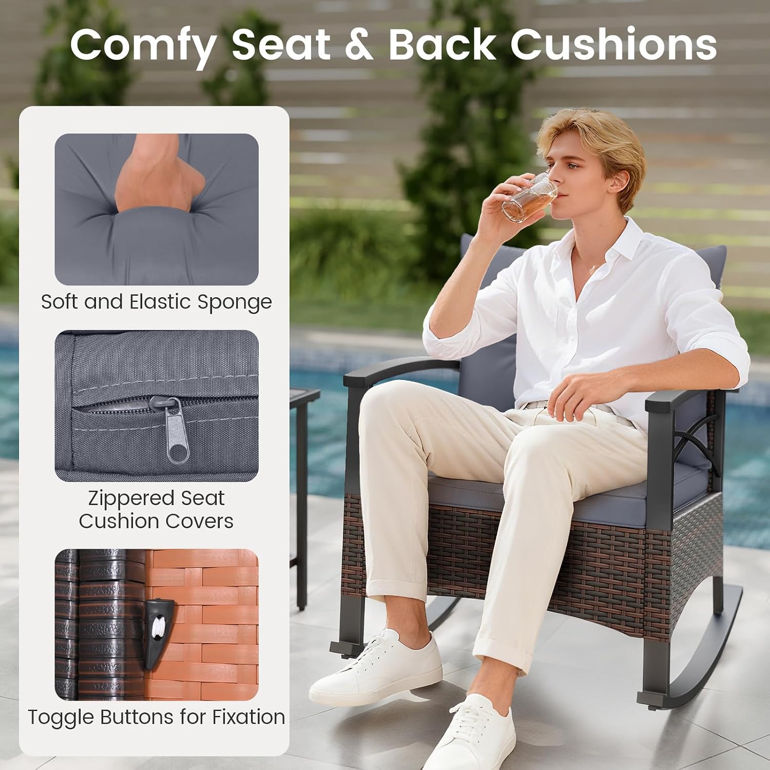 Tangkula 3 Pieces Outdoor Rocking Chairs Set, Rattan Heavy Duty Cushioned Rocker Chairs with 2-Tier Tempered Glass Coffee Table, for Garden, Balcony, Backyard (Gray)