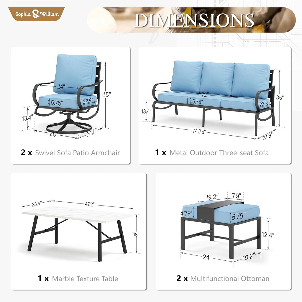 Sophia & William Patio Furniture Sets 7 Seats Outdoor Conversation Set 6 Pcs,2 x Cushioned Swivel Sofa Chairs,1 x 3-Seat Sofa,2 Ottomans, Marbling Metal Coffee Table Patio Backyard Poolside Blue