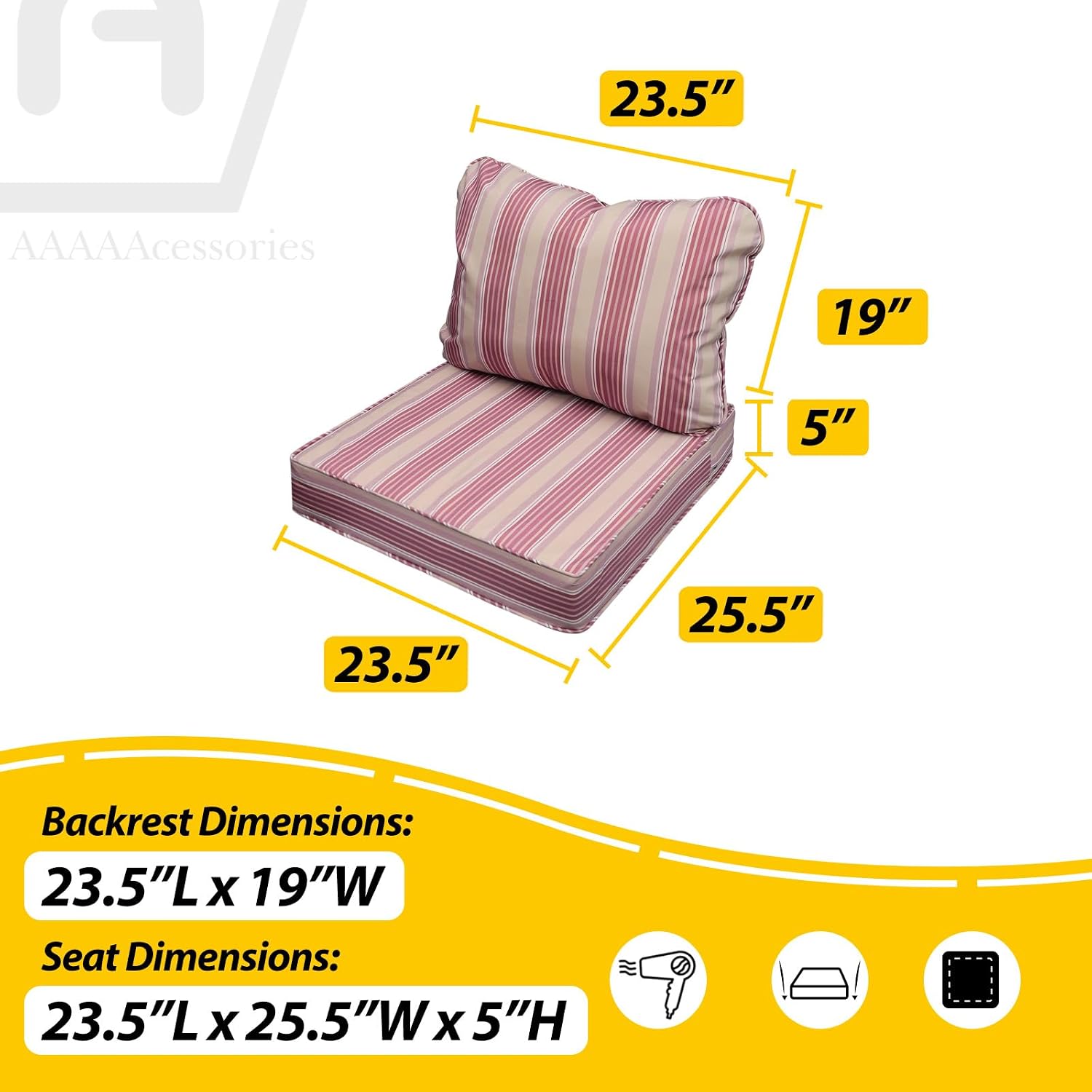 AAAAAcessories Outdoor Seat Cushions for Chairs, Fade-Resistant, Waterproof Patio Furniture Replacement Cushions, 23.5' x 25.5' x 5' + 23.5' x 19', Set of 4, Dusty Rose Garden Stripe