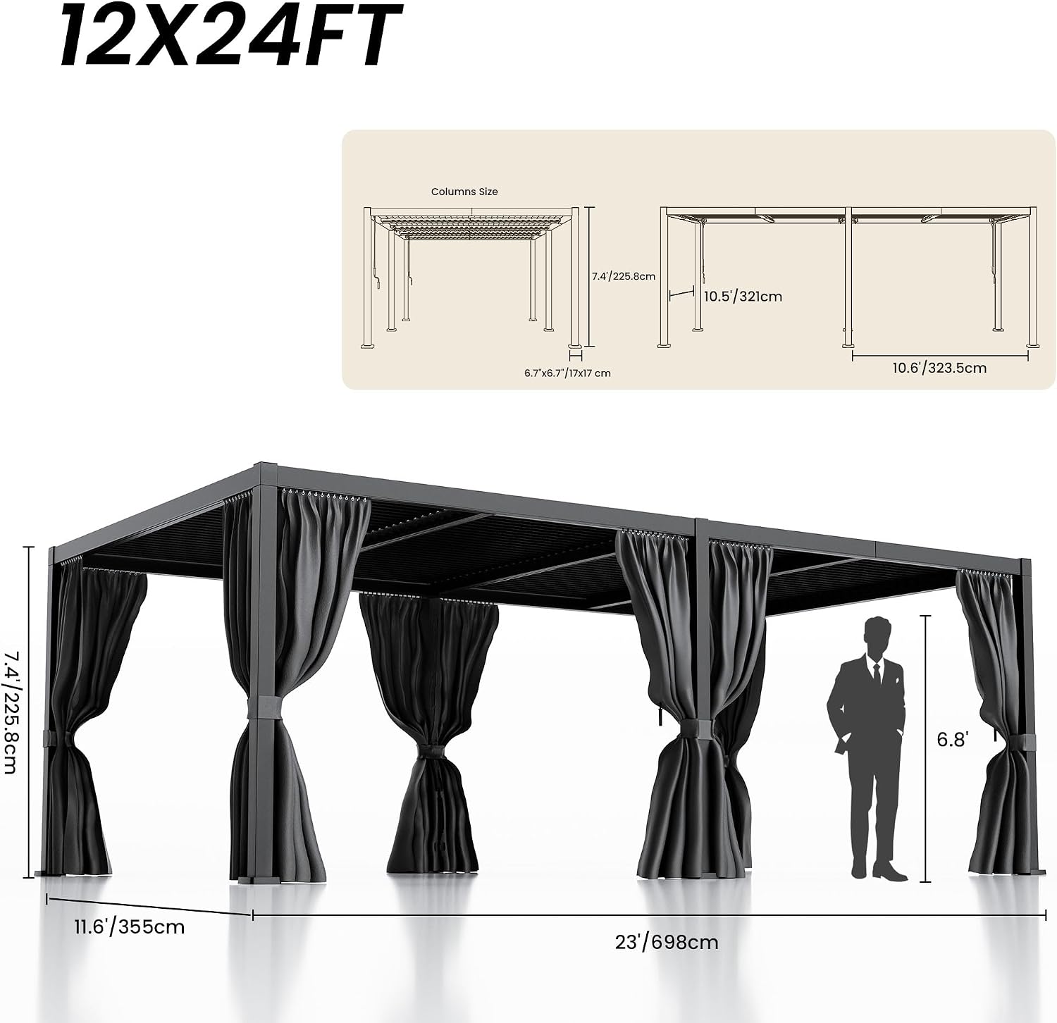 COSIEST 12'X24' Aluminum Louvered Pergola,All-Weather Adjustable Roof with Mosquito-Proof & UV Protection Netting Curtains Large Pergolas for Patio, Deck, Backyard, Garden Outdoor Living Space (Black)
