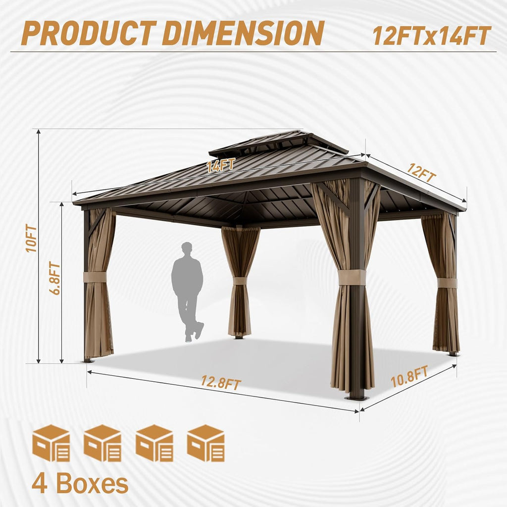 12x14 Hardtop Gazebo with Netting and Curtains, Galvanized Steel Double Roof Outdoor Pavilion with Aluminum Frame, Patio Gazebo for Deck, Garden, Lawn, Dark Brown/Tan