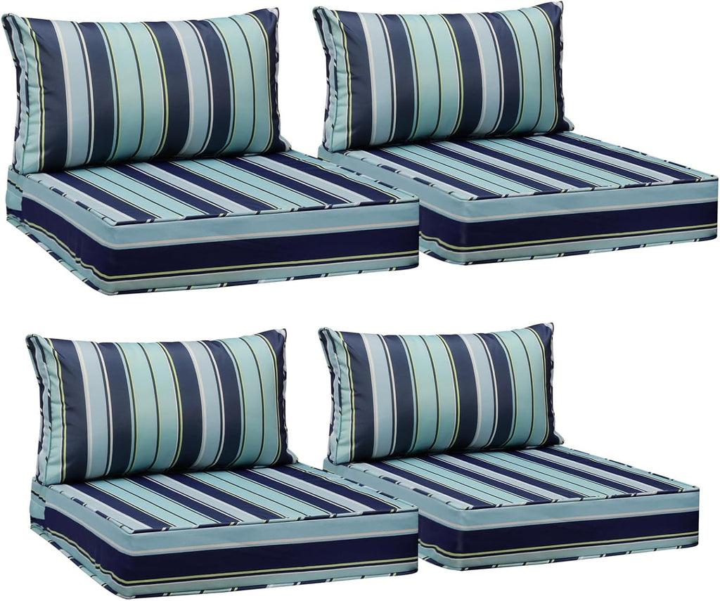 AAAAAcessories Outdoor Seat Cushions for Chairs, Fade-Resistant, Waterproof Patio Furniture Replacement Cushions, 24' x 24' x 5' + 24' x 13.5', Set of 4, Ash Teal Seaside Stripe