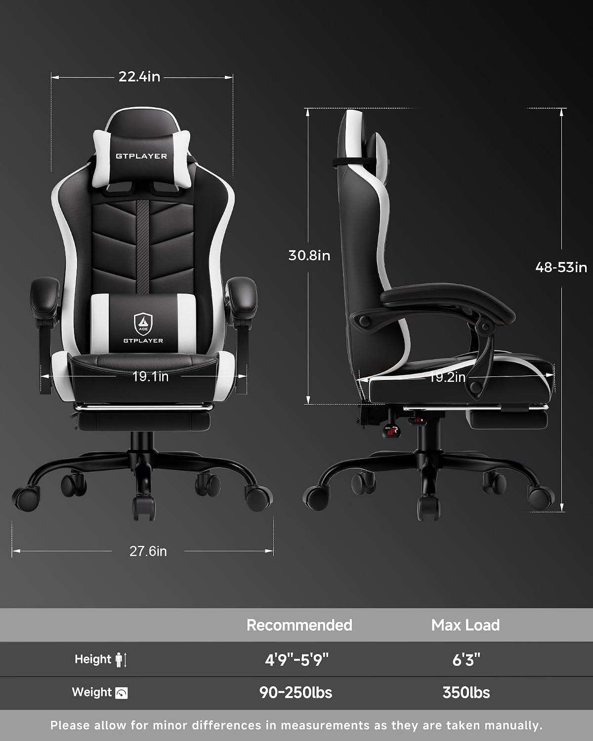 GTPLAYER Gaming Chair, Ergonomic Game Computer Chairs with Foot Rest for Adults, Adjustable PC Game Chair with Reclining Function and Comfortable Headrest for Home and Office Use (White)