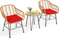 Tangkula 3 Pieces Patio Bistro Set, Rattan Conversation Set with 2 Cushioned Armchairs & Round Glass Coffee Table, Indoor Outdoor Wicker Furniture Set for Balcony, Backyard, Garden, Poolside