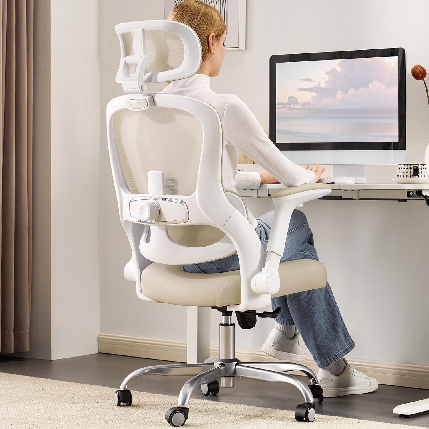Office Chair - Ergonomic Desk Chair with Adjustable Headrest Lumbar Support Computer Chair - Mesh Comfy Chairs with Flip-up Armrests - Big and Tall Gaming Chairs for Adults Home Office(Beige)