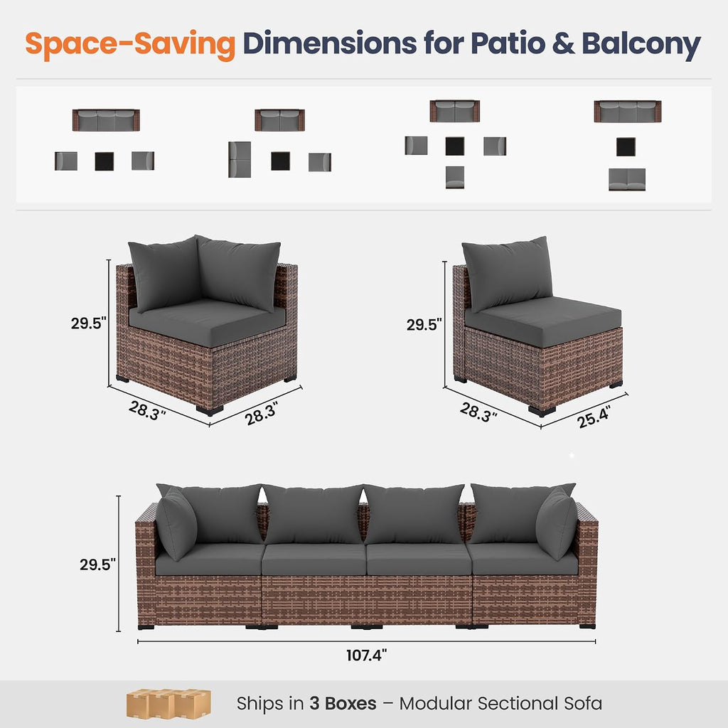 UDPATIO Patio Furniture Set with Fire Pit Table, 5 Piece Outdoor Sectional Sofas, All-Weather Wicker Conversation for Garden, Backyard, Grey