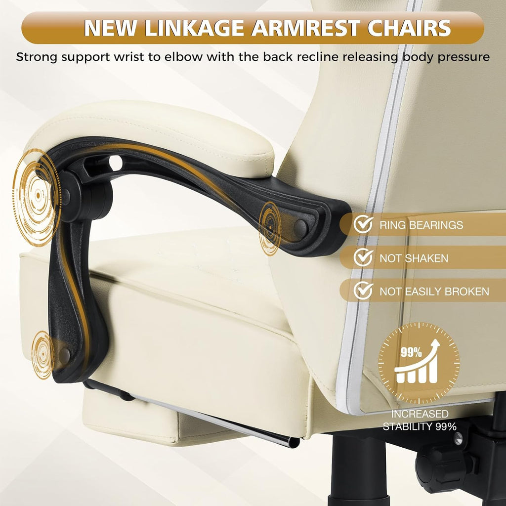 HOFFREE Gaming Chair Computer Chair with Speakers Massage Game Chairs with Footrest Bluetooth High Back Ergonomic Computer Gaming Chairs for Adults Reclining Video Gamer Chair Ivory
