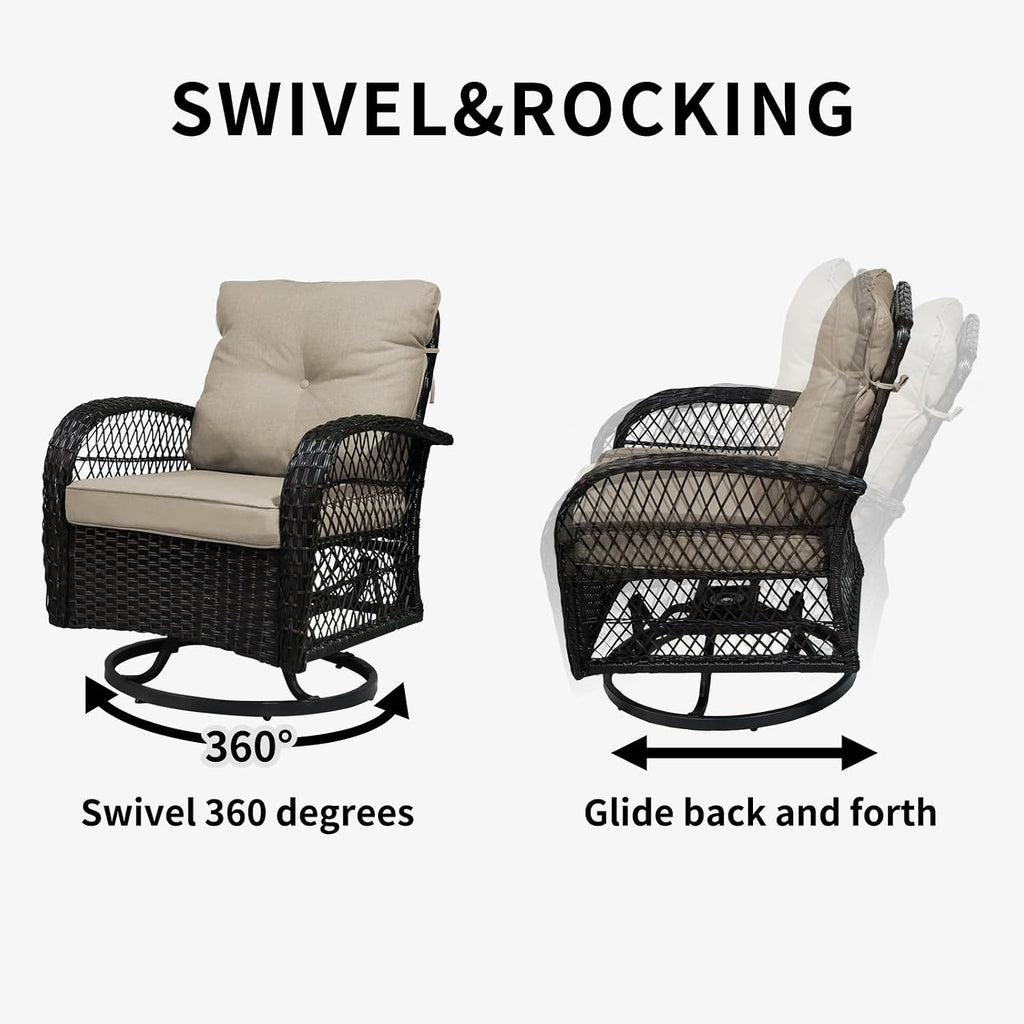 SHGJ&SOFT 3 Piece Patio Furniture Set, 2 Outdoor Swivel Rocking Chairs with Side Table, Wicker Glider Chairs, All-Weather Rattan Bistro Set for Porch, Deck, Pool (Brown, Brown Open-Weave Rattan)