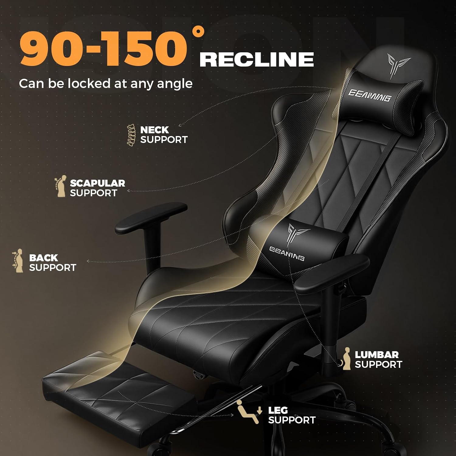 Gaming Chair with Footrest, Ergonomic High-Back PU Leather Computer Chair with 3D Adjustable Armrests, Headrest and Lumbar Support, Office Desk Chair with Diamond Stitching for Adults & Teen