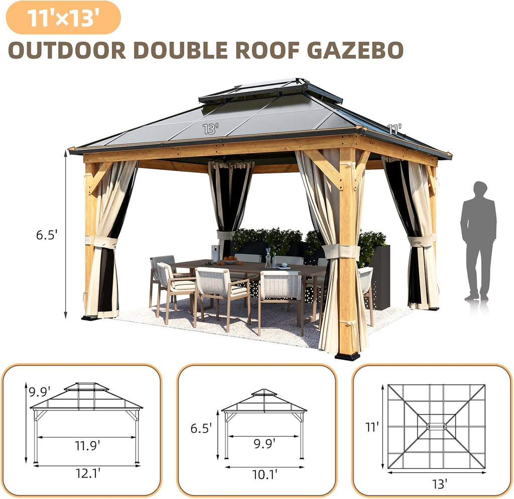 YOLENY 11'x13' Hardtop Gazebo, Wood Outdoor Gazebos with Polycarbonate Double Roof, Netting and Curtains for Decks, Backyards, Lawns and Garden