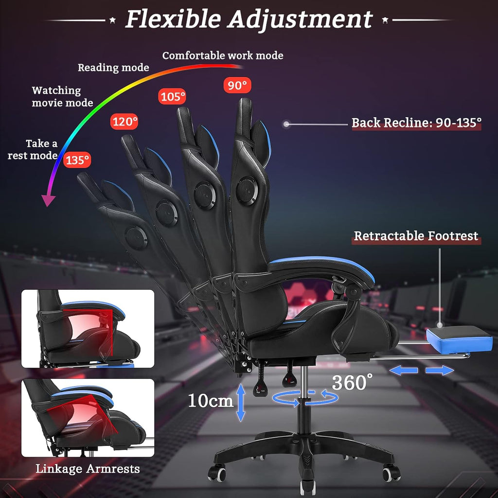 RGB Gaming Chair with Bluetooth Speakers and LED Lights Ergonomic Massage Computer Gaming Chair with Footrest Video Game Chair High Back with Lumbar Support Blue and Black