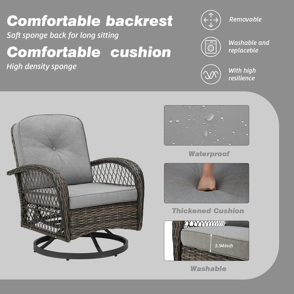 MELLCOM 3 Pieces Patio Furniture Set, Outdoor Swivel Rocker Patio Chairs, Wicker Patio Bistro Set with Rocking Chair, Thickened Cushions and Glass Coffee Table for Backyard, Garden, Grey