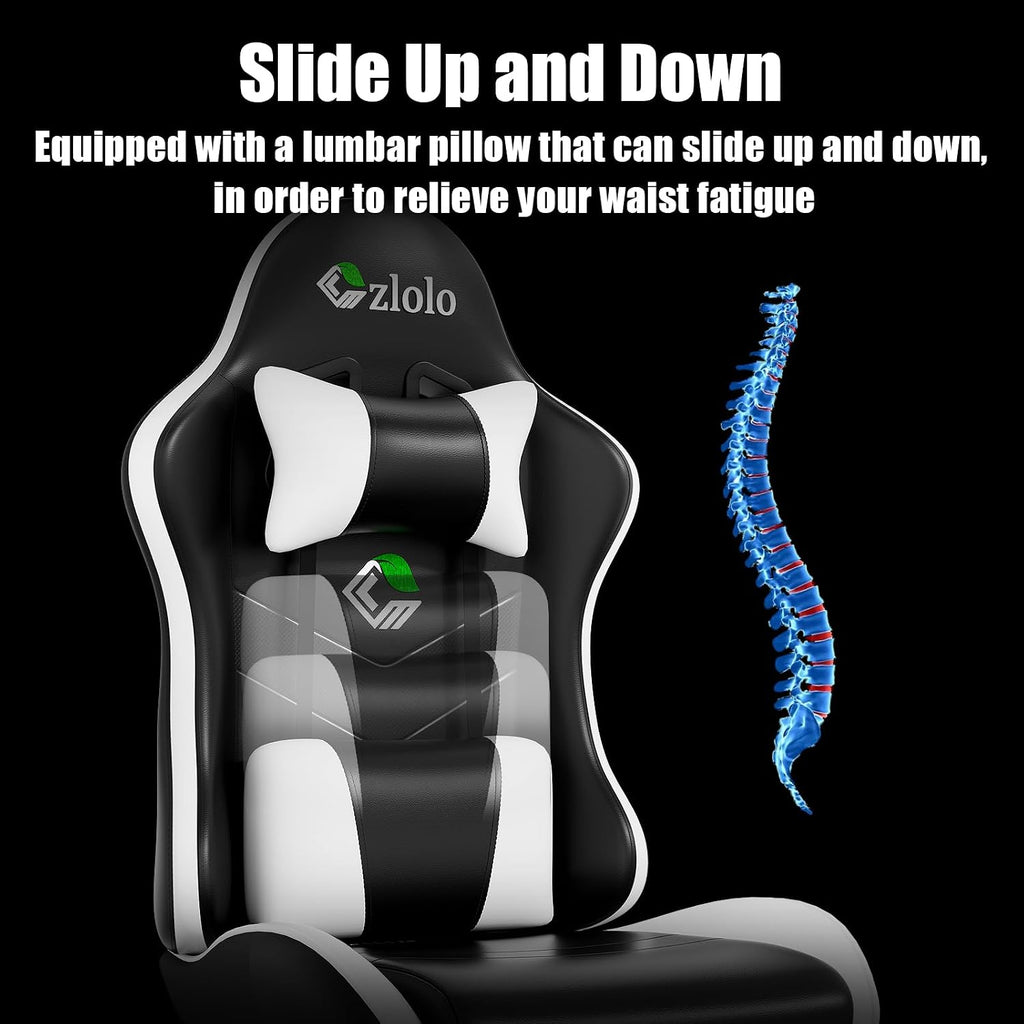 Czlolo Gaming Chair, Ergonomic Office Computer Chair with Footrest and Lumbar Support Massager Racing Style High Back Video Gamer Chair, Wide＆Thick Cushion, 90°-135° Recline, Adjustable Height, White