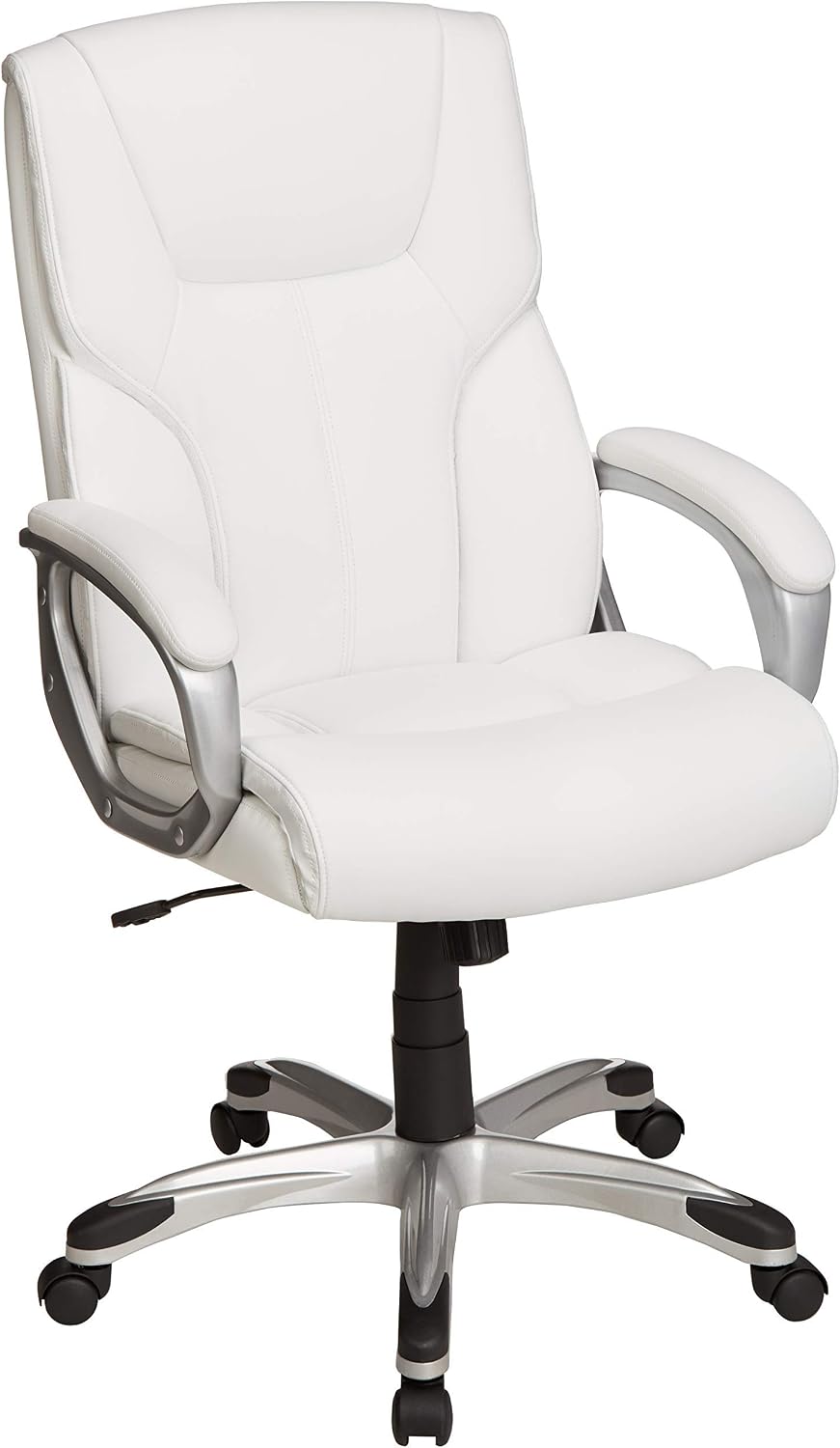 Amazon Basics Executive High Back Office Desk Chair, Adjustable Height, Tilt, Swivel, 275lb Capacity, Bonded Leather, White/Pewter