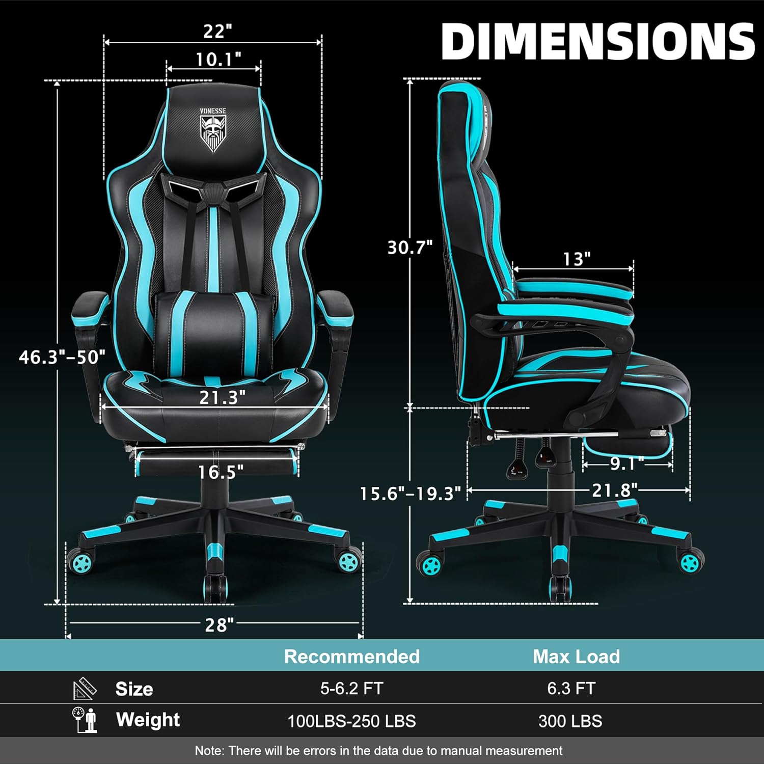 Vonesse Gaming Chairs for Adults, Gaming Chairs with Footrest and Massage, Reclining Computer Chair for Heavy People,Big and Tall Ergonomic Gamer Chair with Lumbar Pillow(Teal/Cyan)