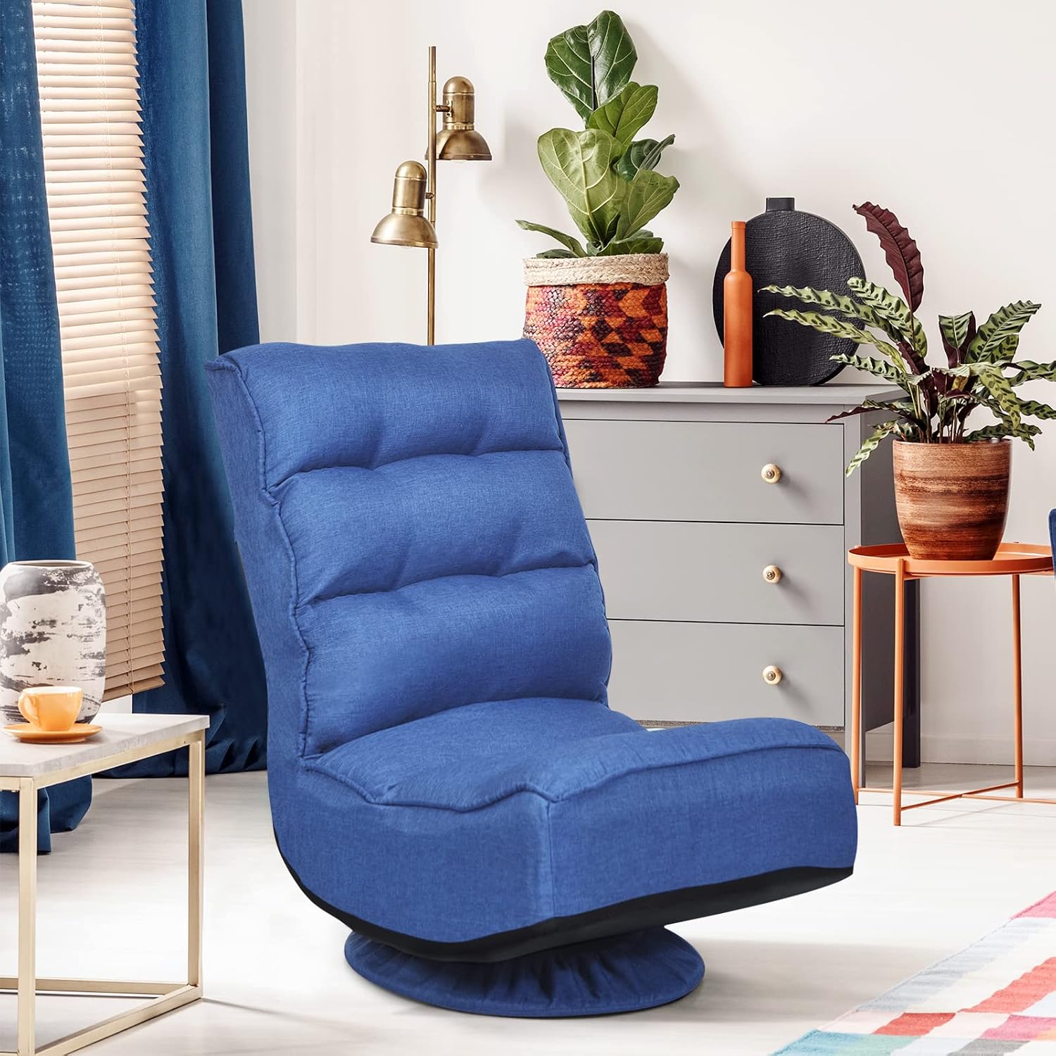 COSTWAY Folding Floor Chair, Adjustable 5-Position Video Gaming Chair with 360 Degree Swivel, Detachable Cover, Padded Backrest, Multipurpose Living Room Floor Lounger for TV, Reading, Playing (Navy)