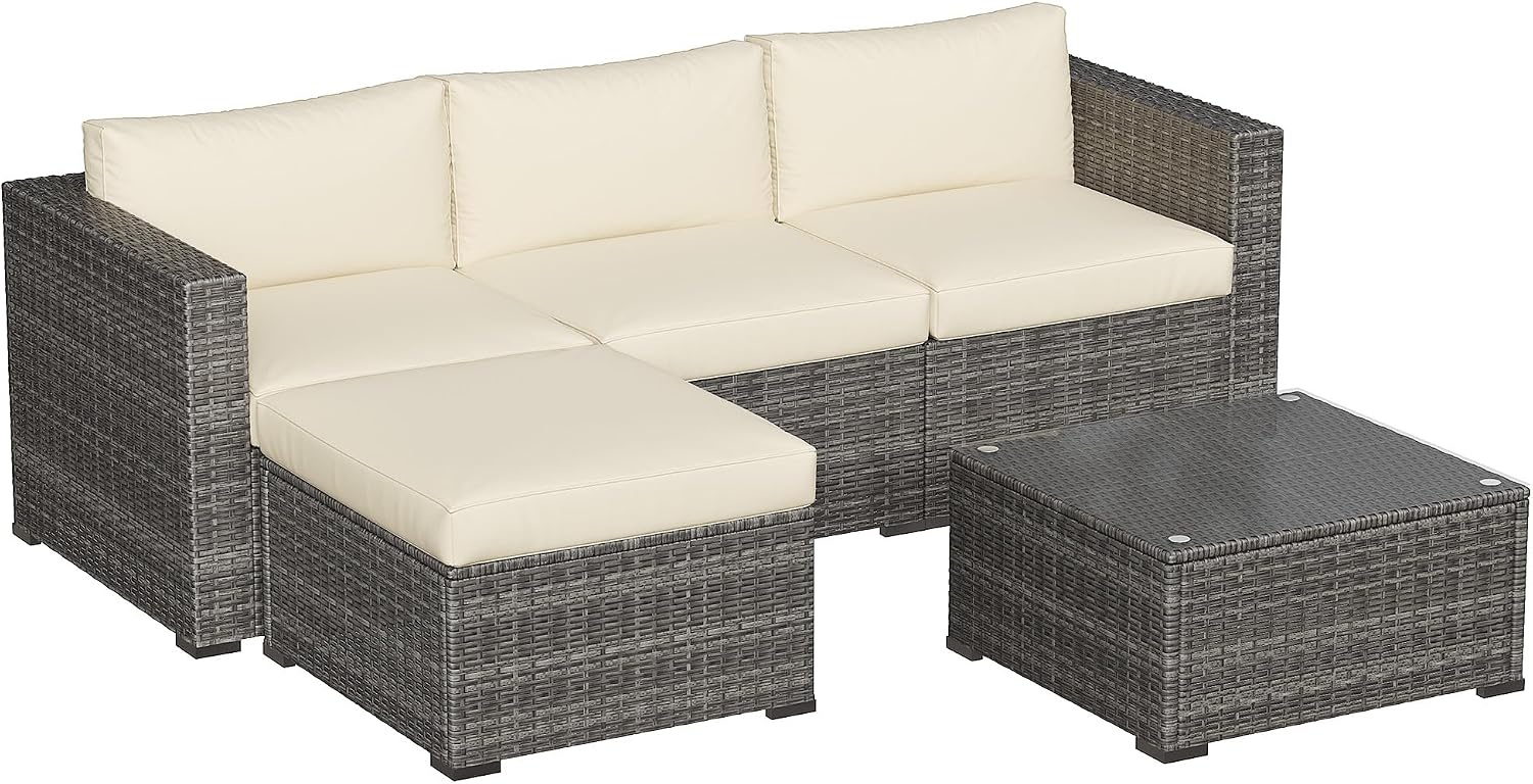 Green4ever 5-Piece Outdoor Patio Furniture Set, All-Weather Wicker Rattan Sectional Sofa with Cushions and Glass Coffee Table, Patio Conversation Set for Backyard, Porch, Garden, Balcony, Beige