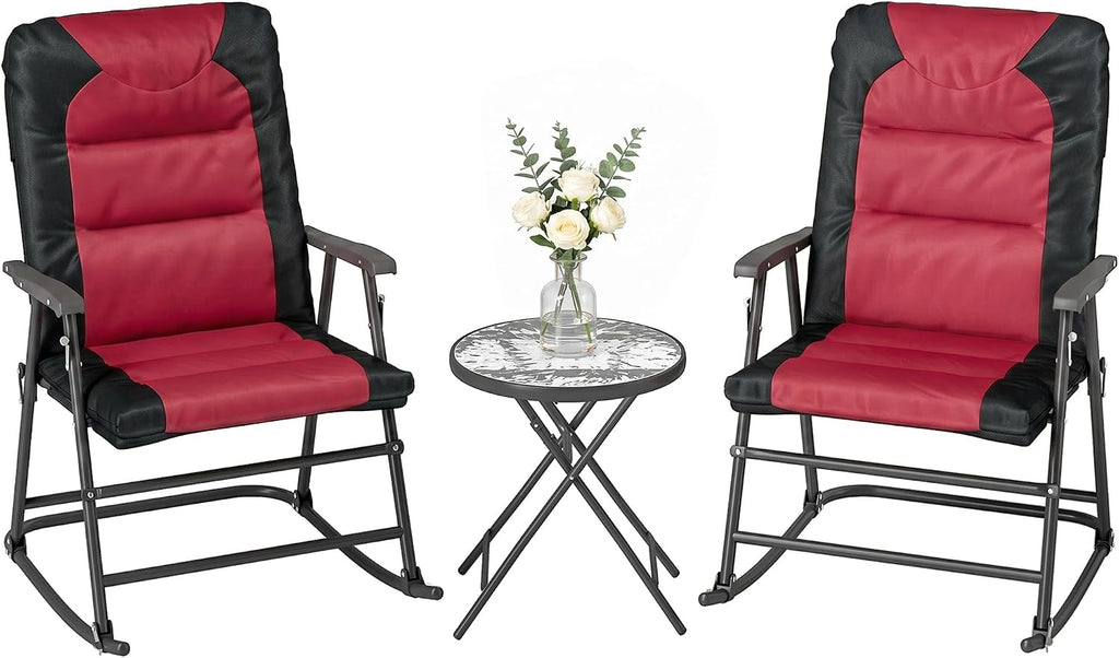 Outsunny 3 Piece Outdoor Patio Furniture Set with Glass Coffee Table & 2 Folding Padded Rocking Chairs, Bistro Style for Porch, Camping, Balcony, Red