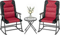 Outsunny 3 Piece Outdoor Patio Furniture Set with Glass Coffee Table & 2 Folding Padded Rocking Chairs, Bistro Style for Porch, Camping, Balcony, Red