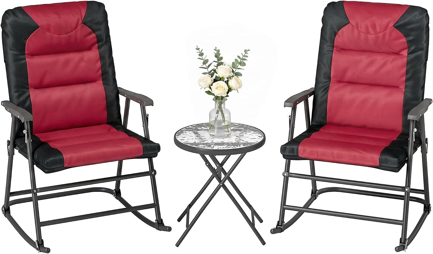 Outsunny 3 Piece Outdoor Patio Furniture Set with Glass Coffee Table & 2 Folding Padded Rocking Chairs, Bistro Style for Porch, Camping, Balcony, Red