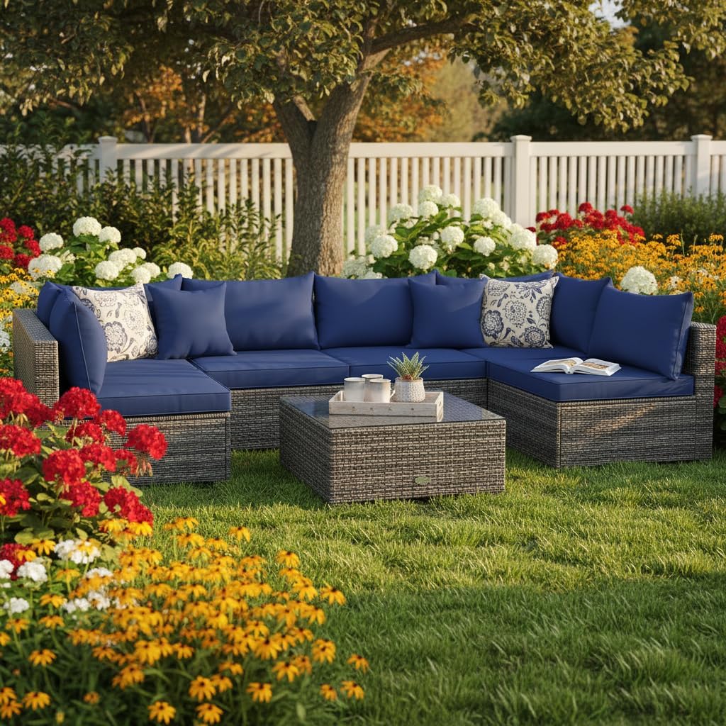 Tangkula 7 Pieces Wicker Patio Furniture Set, All-Weather Outdoor Rattan Sectional Sofa Set with Cushions & Tempered Glass Coffee Table, Outside Sofa Set for Garden, Lawn, Deck, Backyard (Navy)
