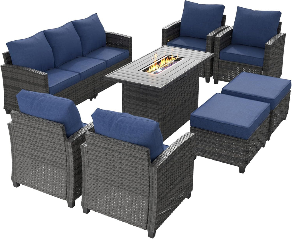 UDPATIO Outdoor Patio Furniture Set with 44' Fire Pit Table, 8 Pieces Sectional Conversation Sets, All-Weather Wicker Rattan Sofa Ottoman with 4' Thick Cushion for Garden Backyard Deck, Navy Blue