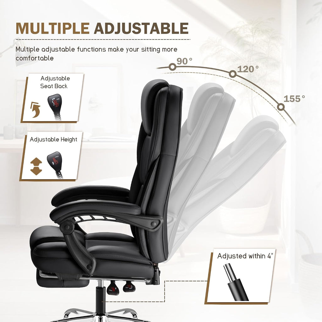 Furmax Massage Office Chair with Foot Rest Executive Big and Tall Office Chair Ergonomic Home Office Desk Chairs, Reclining High Back Leather Chair with Lumbar Support, 400LBS (Black)
