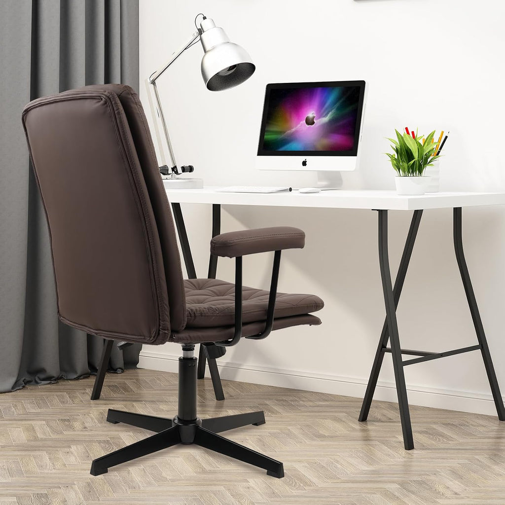 CLATINA Office Chair No Wheels, Leather Criss Cross Desk Chairs with Arms, Modern Cross Legged Computer Chair, Mid Back Height Adjustable Swivel Task Vanity Chair for Home Office, Chocolate Brown