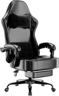 Gaming Chair with Pocket Spring Cushion and Footrest, Ergonomic Computer Chair for Adults, Breathable PU Leather Game Chair, Adjustable Headrest and Lumbar Support Office Desk Chair