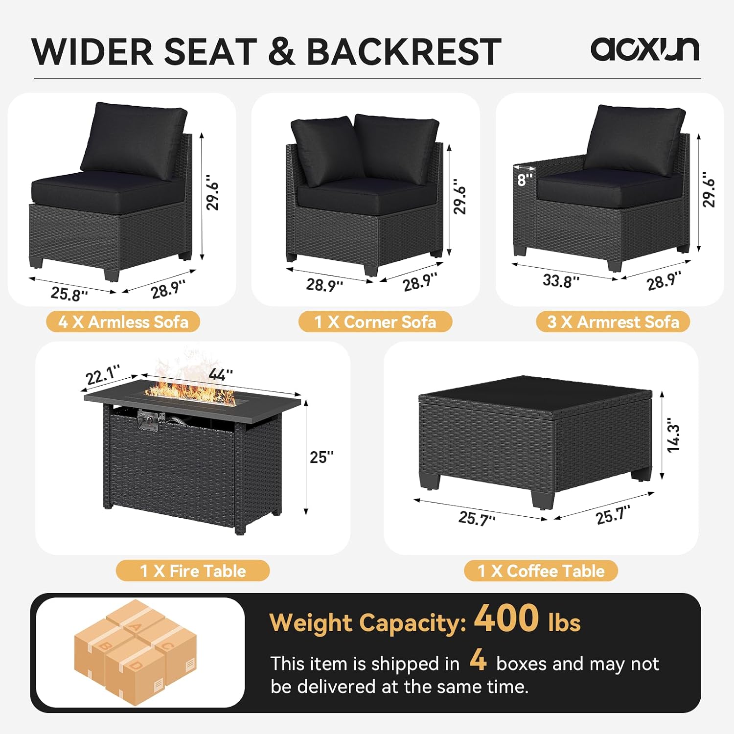 Aoxun 10-Piece Sectional Sofa with 44' Fire Pit, 4' Thicken Cushion, Widen Armrests Wicker for Backyard with Coffee Table, Black