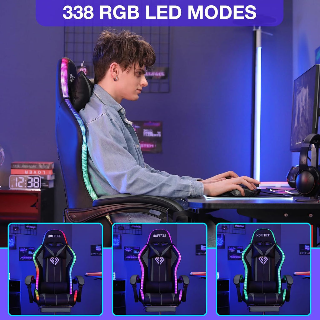 RGB Gaming Chair Massage with LED Lights and Ergonomic Computer Gaming Chair with Footrest High Back Video Game Chairs with Adjustable Lumbar Support Grey and Black