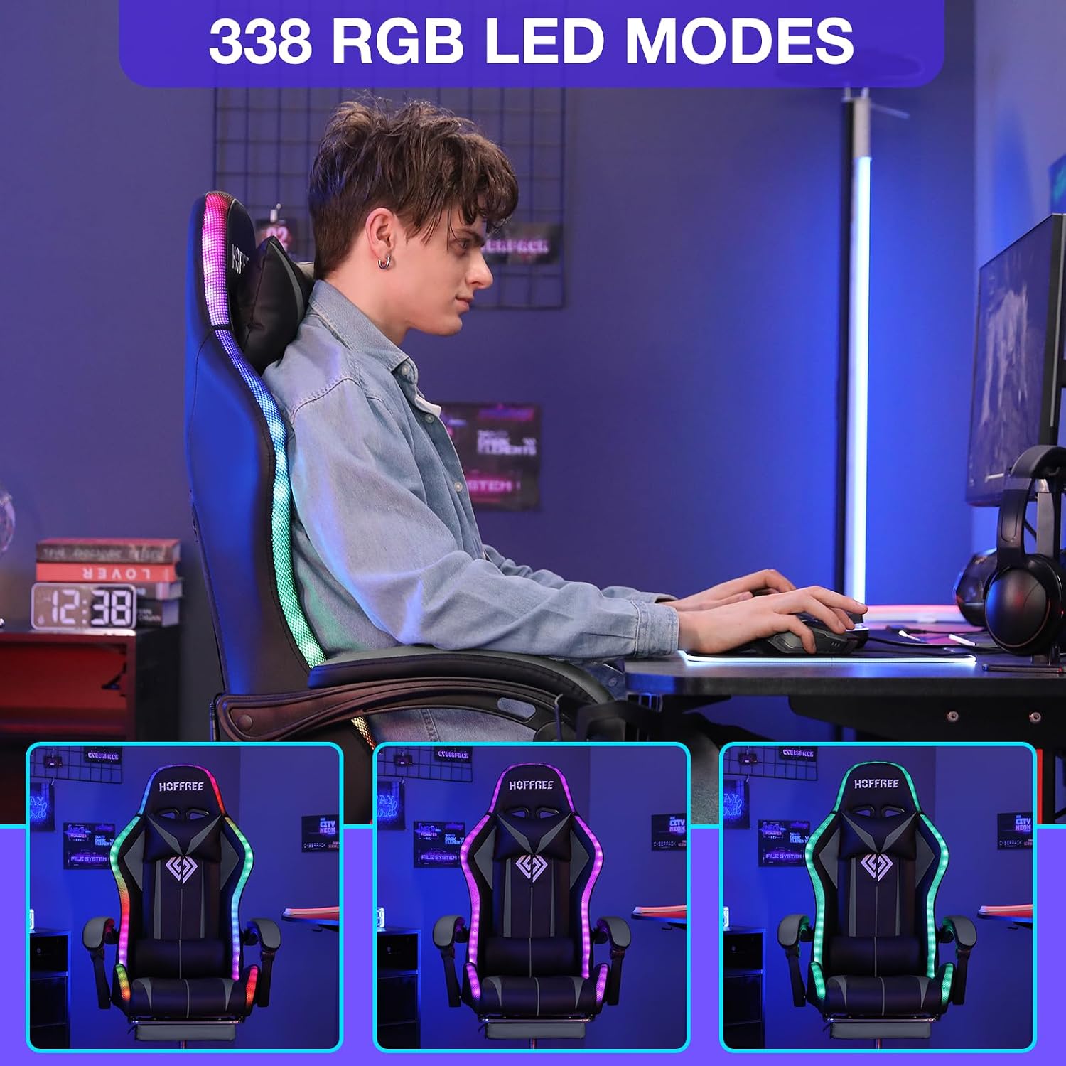 RGB Gaming Chair Massage with LED Lights and Ergonomic Computer Gaming Chair with Footrest High Back Video Game Chairs with Adjustable Lumbar Support Grey and Black